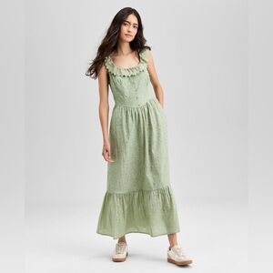 And Now This Cotton Ruffle-Trim Scoop-Neck Maxi Dress- Herbal Sage